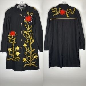 Indigo Moon Black Embroidered Floral Long Jacket Size Large